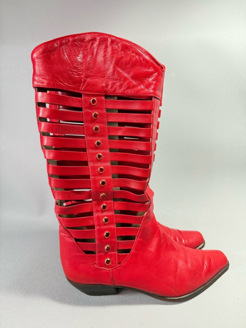 LENNI Vintage Red Nappa Strass Leather Cut-Out Rhinestone Embellished Boots